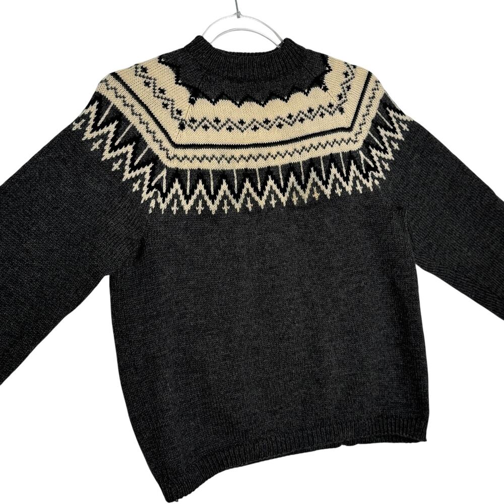 Vintage 1980s Hand Knit Fair Isle Nordic Sweater Gray Cream Women’s M
